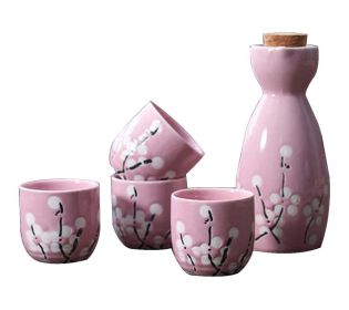 5 Pcs Ceramic Japanese Sake Set Traditional 1 Tokkuri Bottle & 4 Ochoko Cups [K]