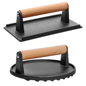 2Pcs Cast Iron Grill Press Pre-Seasoned Steak Weights Smash Burger Press Bacon Meat Smasher with Wood Handle 7in Round & 8.2x4.25in Rectangular Grill