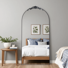 Wooden arched black full-length mirror  with stand. wall mirror, bathroom makeup mirror, bedroom foyer, clothing store, wall mounted. 71"x31"