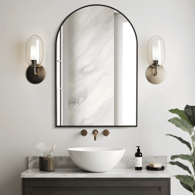 36"x24" Morden Right Angle Arched Black Alloy Aluminium Thin Framed Wall-Mounted Vanity Mirror Bathroom Vanity Mirror for Bedroom Entryway