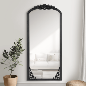 69"x30"Solid wood carved right-angled micro-arched black full-length mirror Bathroom Vanity Mirror for Bedroom Entryway, Living/Dressing Room