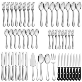 Walchoice 53-Piece Silverware Set with Serving Utensils, Elegant Metal Tableware Plus Steak Knives