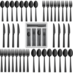 Walchoice 40-Piece Black Silverware Set with Drawer Organizer, Stainless Steel Flatware Cutlery Set for Home Restaurant