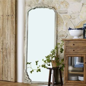 Solid wood carved right angle micro arch weathered white full-length mirror 67 * 28 * 1 inch Bathroom Vanity Mirror for Bedroom Entryway, Living/Dress