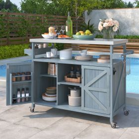 K&K Outdoor Kitchen Island, Rolling Bar Cart & Storage Cabinet, Farmhouse Solid Wood Outdoor Grill Table with Stainless Steel Top, Spice Rack , Towel