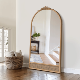 71"x37"Solid wood carved rattan right-angled arched brown full-length mirror for Living Room, Bedroom, Hanging or Leaning Against The Wall