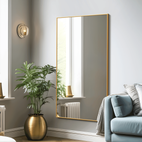 59"x35"Aluminum alloy fine-edged right-angle rectangular gold full-length mirror for Living Room, Bedroom, Hanging or Leaning Against The Wall