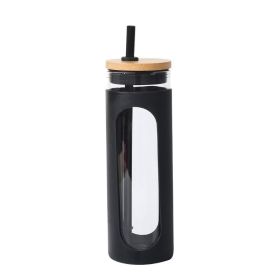 Glass Tumbler with Bamboo Lid & Straw | Reusable Iced Coffee Cup (Color: Black, Capacity: 590ML)