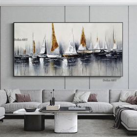 Handmade Abstract Ocean Sailboat Painting | Horizontal Canvas Art (size: 75x150cm)