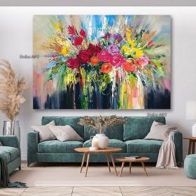 Handmade Abstract Floral Wall Art on Canvas | Vintage Botanical Design (size: 100x150cm)