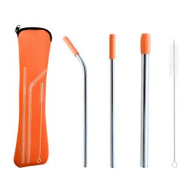 5-Piece Stainless Steel Straw Set with Case & Cleaning Tool (Color: Orange)