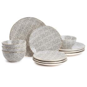 Black & White Dot Stoneware Dinnerware Set | 12-Piece (Actual Color: Black)