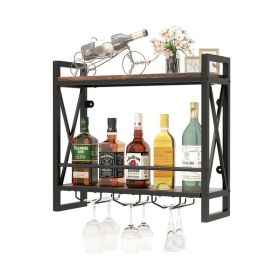 Industrial Wall-Mounted Wine Rack with Glass Holder (Color: Rustic Brown, type: Wine rack)