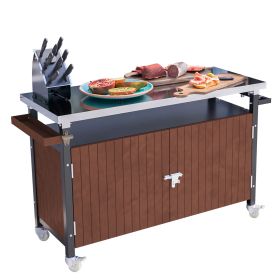 Outdoor Grill Cart with Stainless Steel Tabletop, Storage, Patio Kitchen Island with Wheels, Hooks, and Spice Rack, Waterproof Outdoor Grill Table, Mo (Color: as Pic)