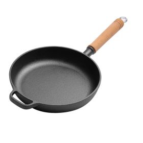 Cast Iron Frying Pan with Wooden Handle | Durable Cookware (Pan Diameter: 11.8inch, Color: Black)