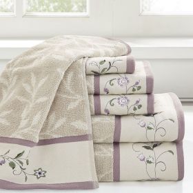 Embroidered Cotton Jacquard 6 Piece Towel Set (Color: as Pic)